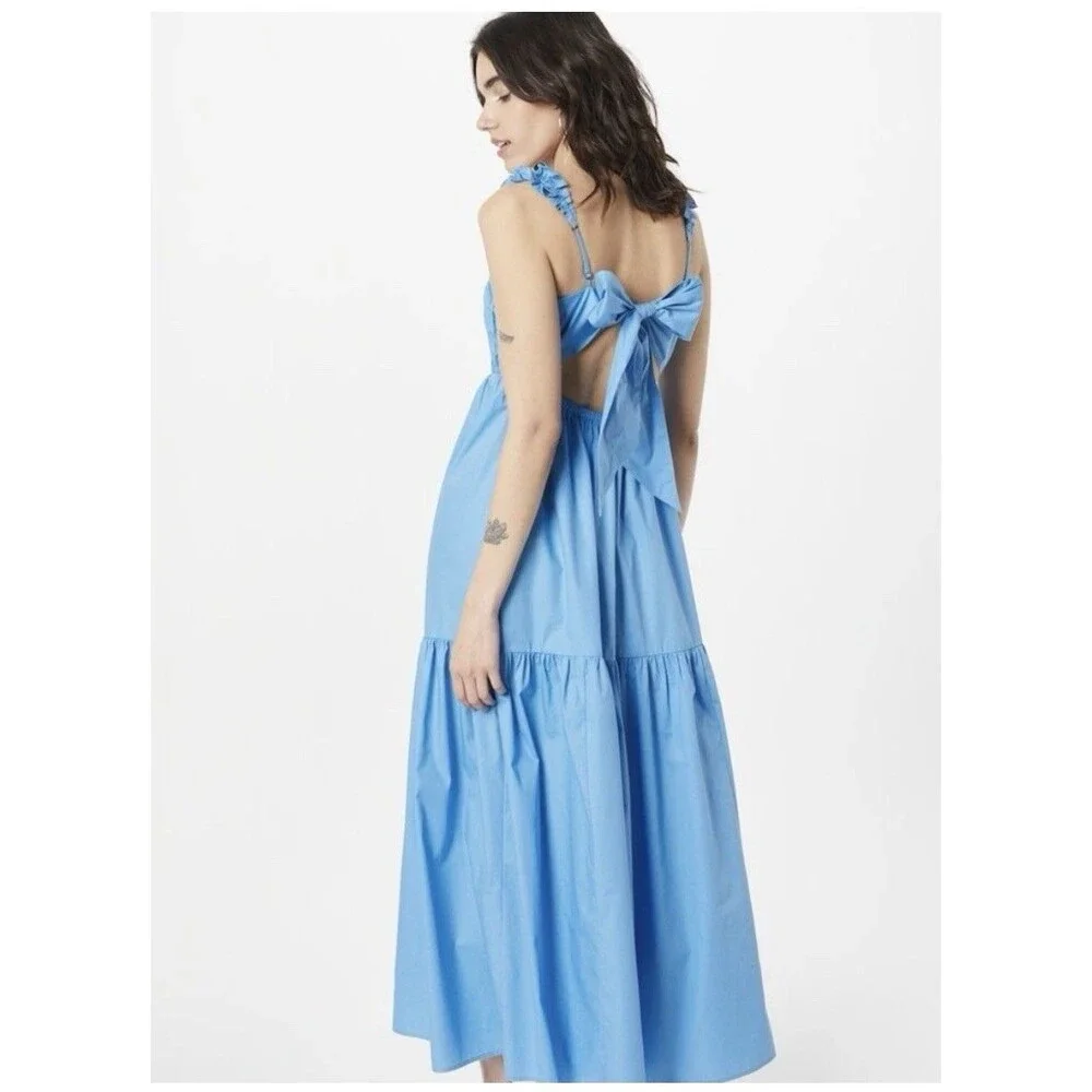 Abercrombie & Fitch Tiered Bow Back Ruffle Poplin Maxi Dress Sz MP Blue